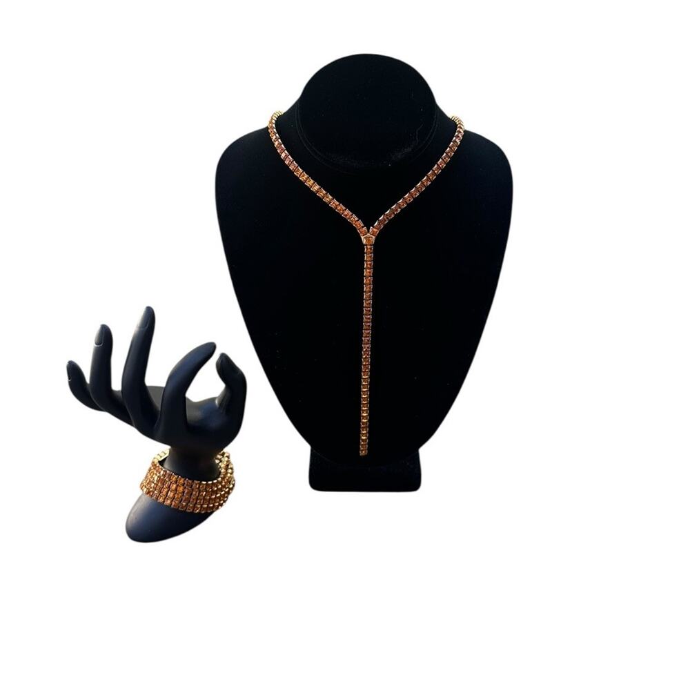 Vintage Swarovski Y Drop Necklace & Bracelet Set Amber Yellow Crystals Gold Tone